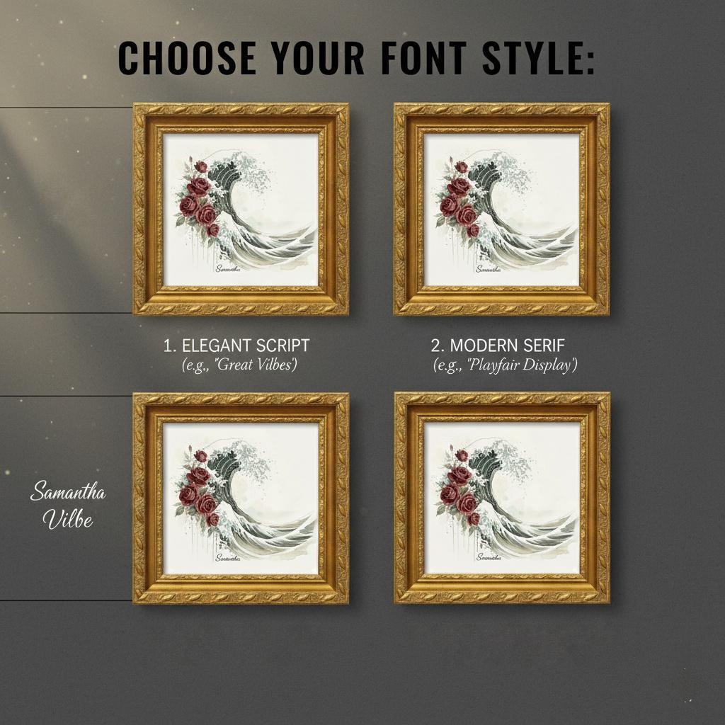 Customizable Wave & Roses Canvas Art | Japanese Wave Floral Print | Personalized Name Wall Decor | Burgundy Teal Art Gift