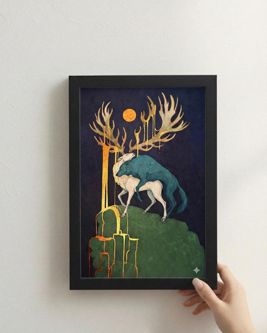 Spiritual Deer Moon Cactus Lustre Framed Painting | Mystical Wall Art