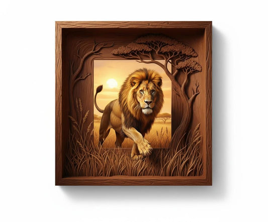 Majestic Lion 3D Optical Illusion Wildlife Art Carved Savanna Frame Effect Physical Frame Included Wall Decor