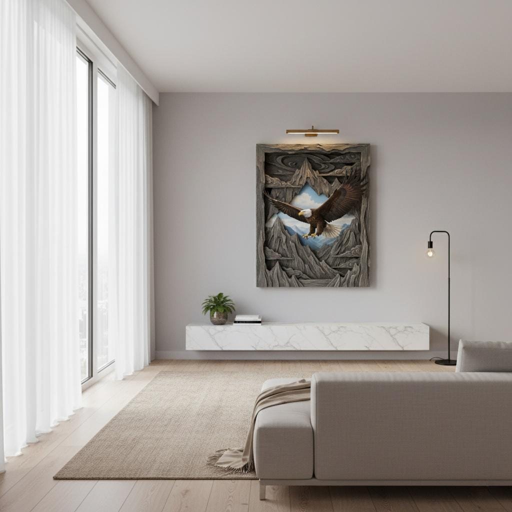 Majestic Eagle 3D Optical Illusion Wildlife Art Carved Mountain Frame Effect Physical Frame Included Wall Decor