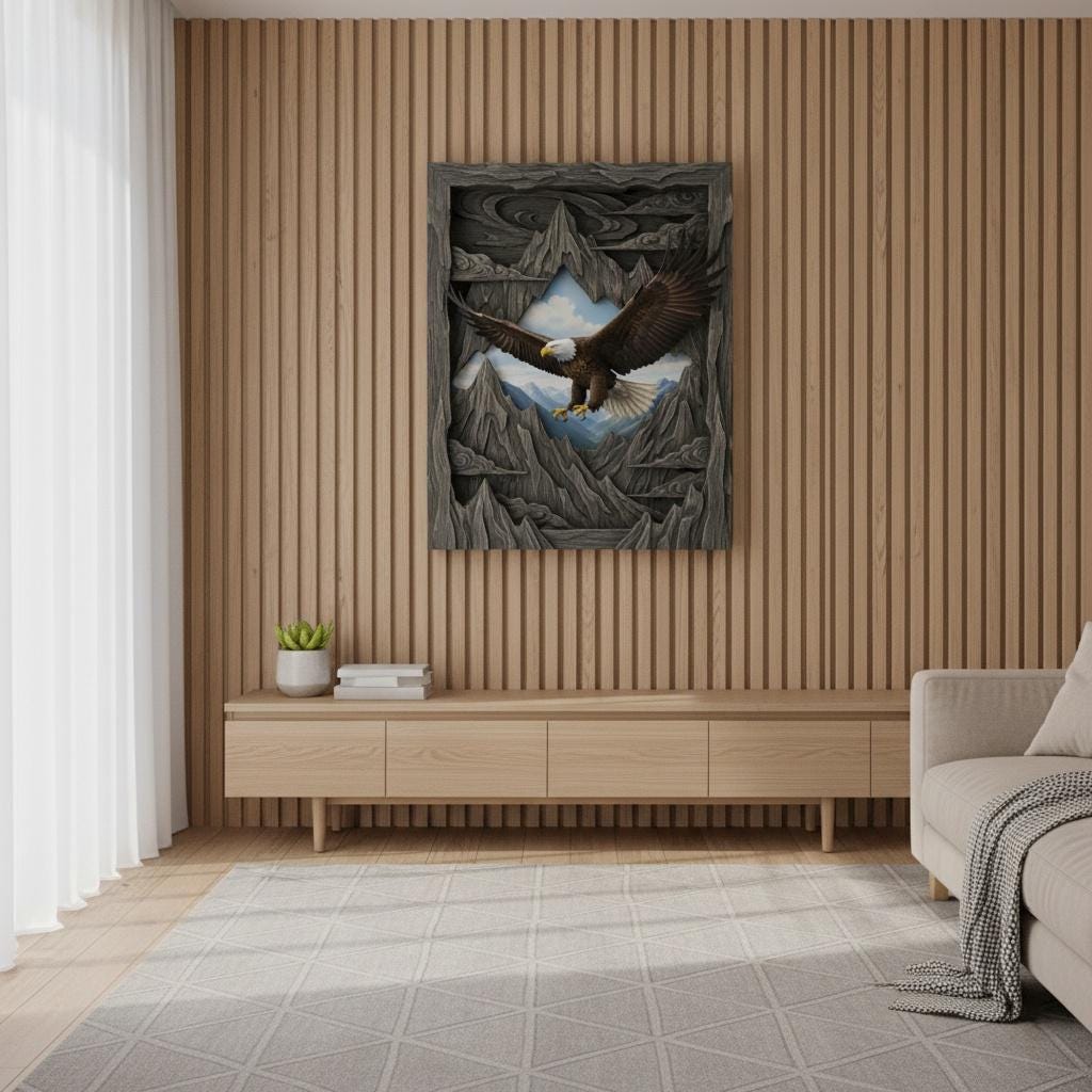 Majestic Eagle 3D Optical Illusion Wildlife Art Carved Mountain Frame Effect Physical Frame Included Wall Decor