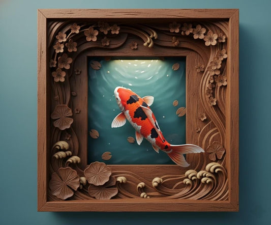 Graceful Koi Fish 3D Optical Illusion Art Japanese Garden Carved Frame Effect Physical Frame Included Wall Decor
