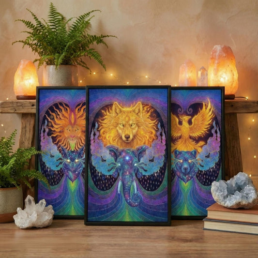 Mystical Animal Art Set of 3 | Tiger Phoenix Lion Owl Prints | Cosmic Galaxy Wall Decor | Psychedelic Fantasy Art