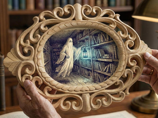 The Spectral Librarian | Ghost in Library | Hand Carved Wooden Frame Wall Art