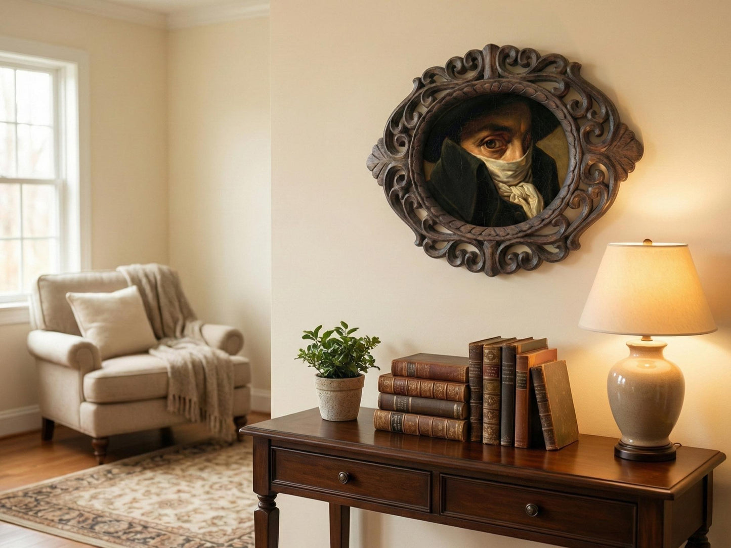 Contemplative Gentleman Neoclassical Mask Portrait | Ornate Oval Rosewood Frame 14 inches