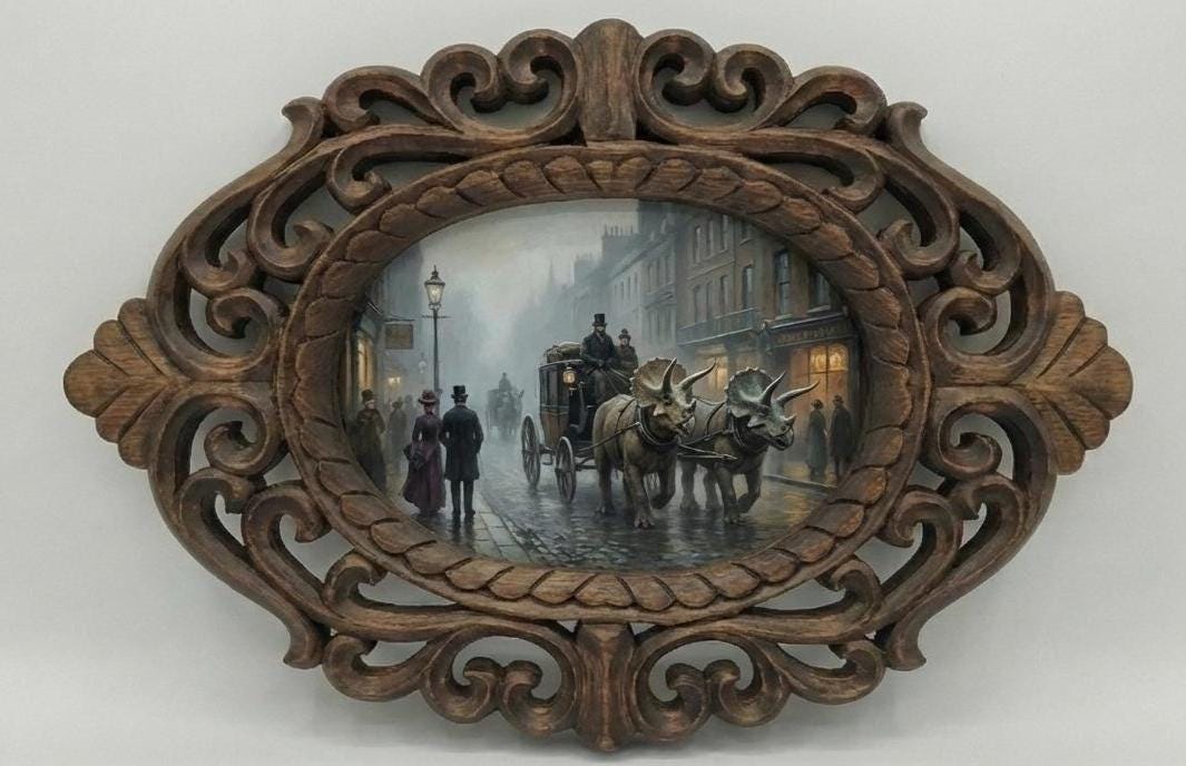 14" Rosewood Handcarved Frame London Triceratops carriage Painting, Whimsical Maximalist Wall Art