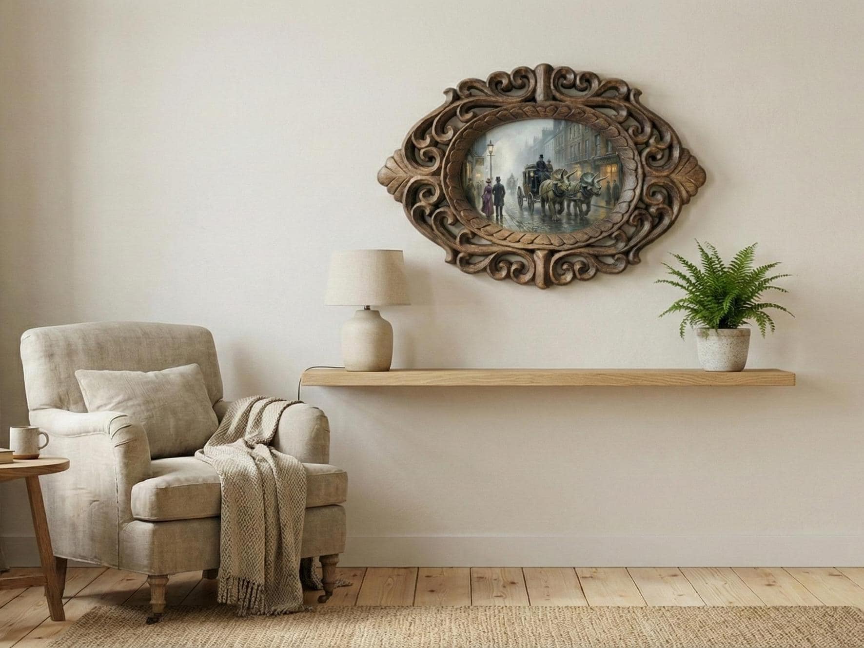 14" Rosewood Handcarved Frame London Triceratops carriage Painting, Whimsical Maximalist Wall Art
