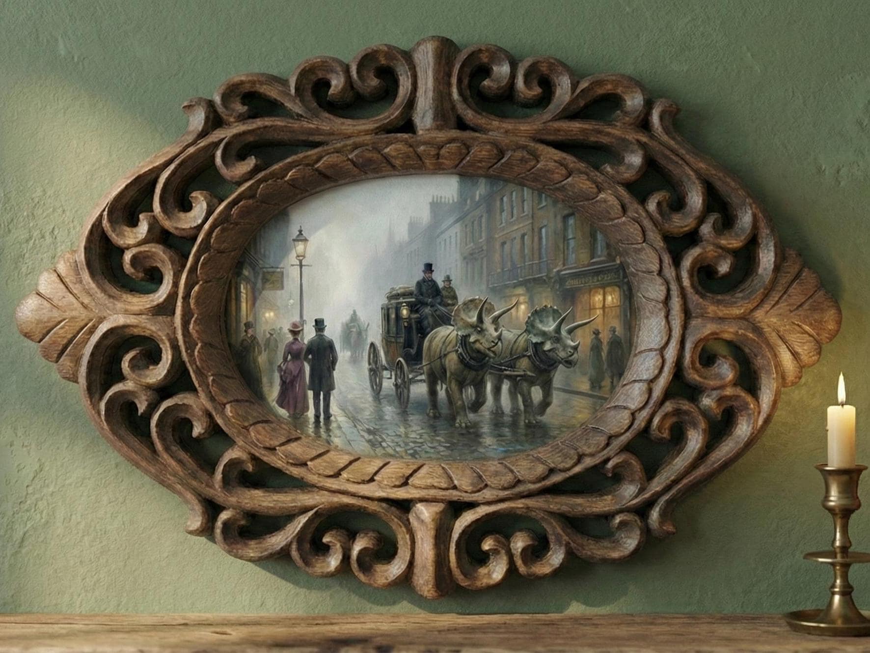 14" Rosewood Handcarved Frame London Triceratops carriage Painting, Whimsical Maximalist Wall Art