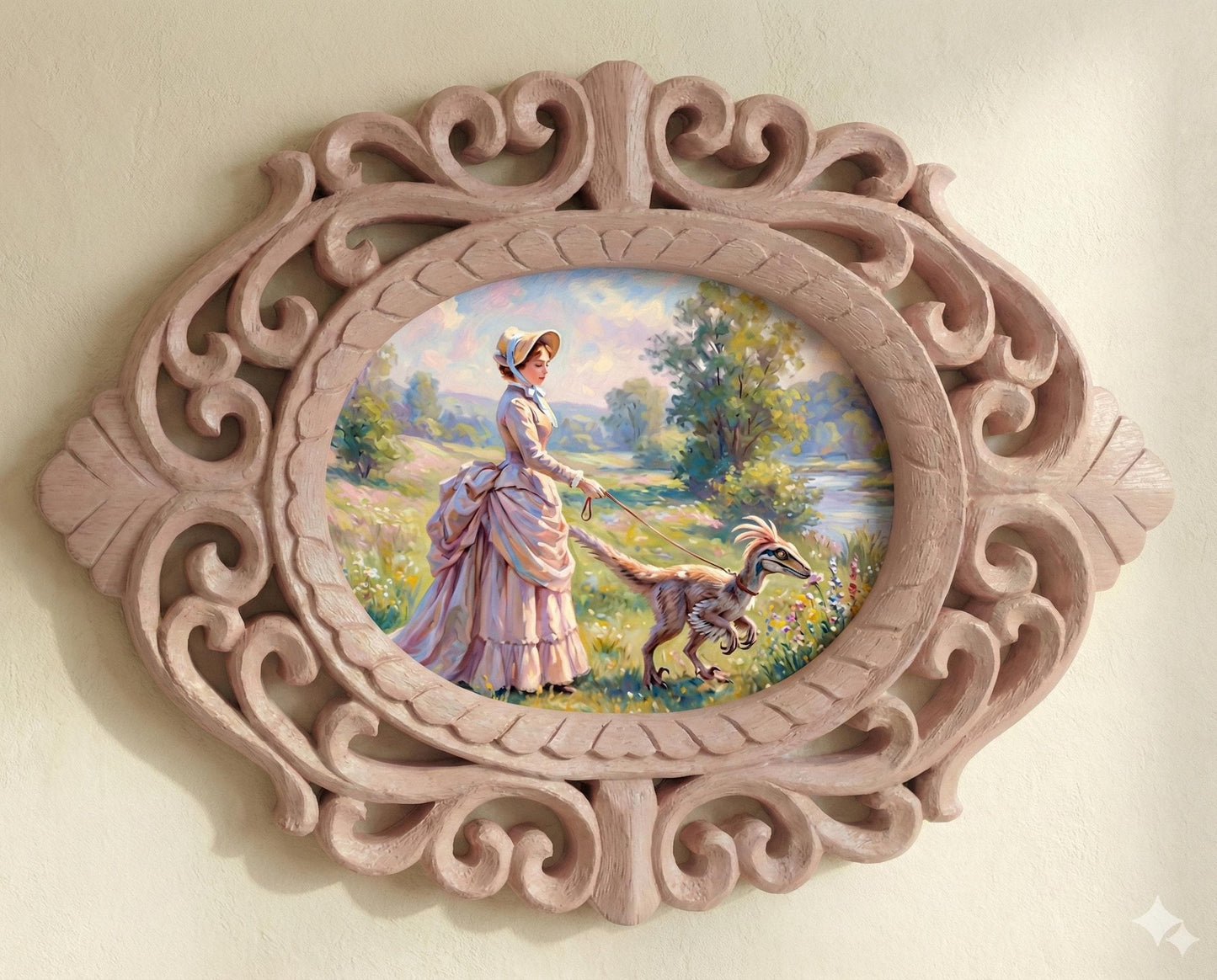 14" Rosewood Handcarved Frame Victorian Lady Walking Dinosaur Painting, Whimsical Maximalist Wall Art