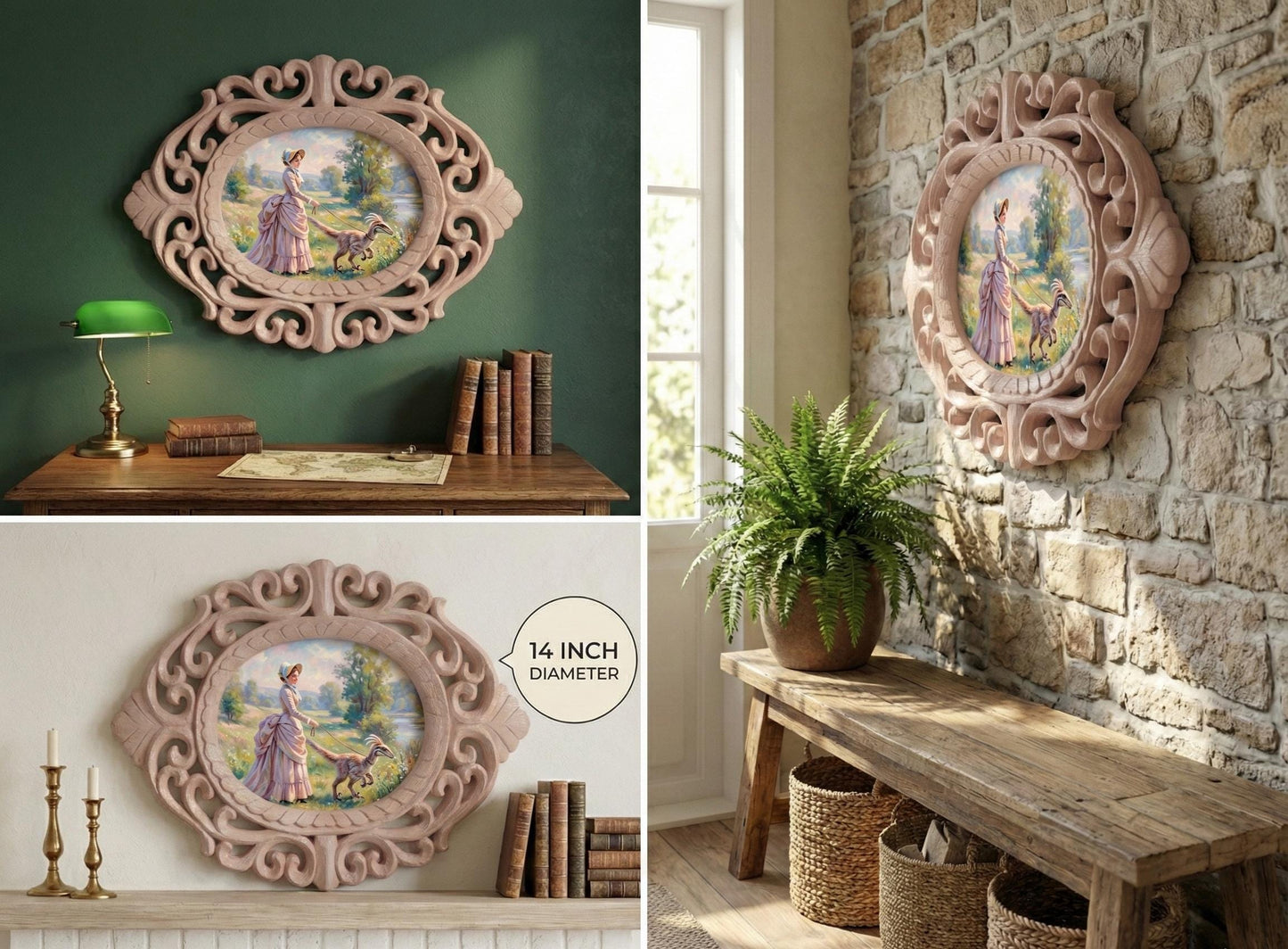 14" Rosewood Handcarved Frame Victorian Lady Walking Dinosaur Painting, Whimsical Maximalist Wall Art