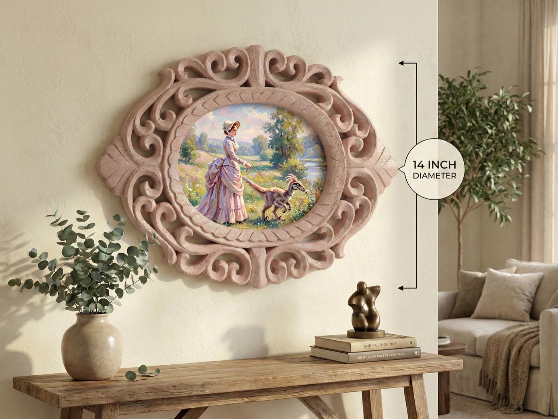14" Rosewood Handcarved Frame Victorian Lady Walking Dinosaur Painting, Whimsical Maximalist Wall Art