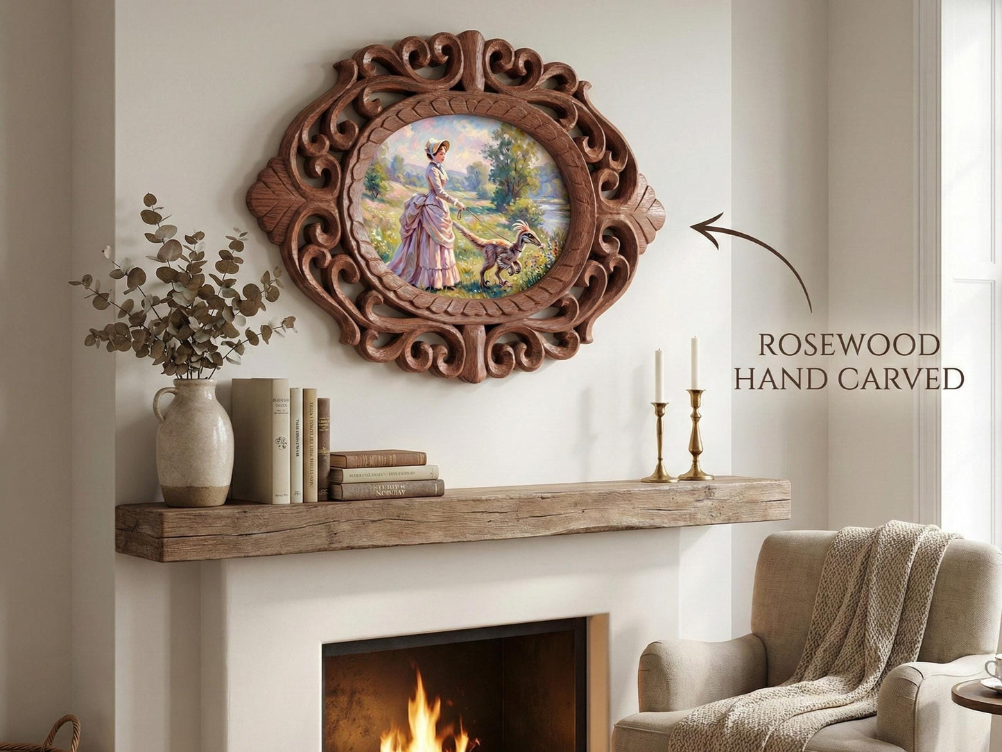 14" Rosewood Handcarved Frame Victorian Lady Walking Dinosaur Painting, Whimsical Maximalist Wall Art