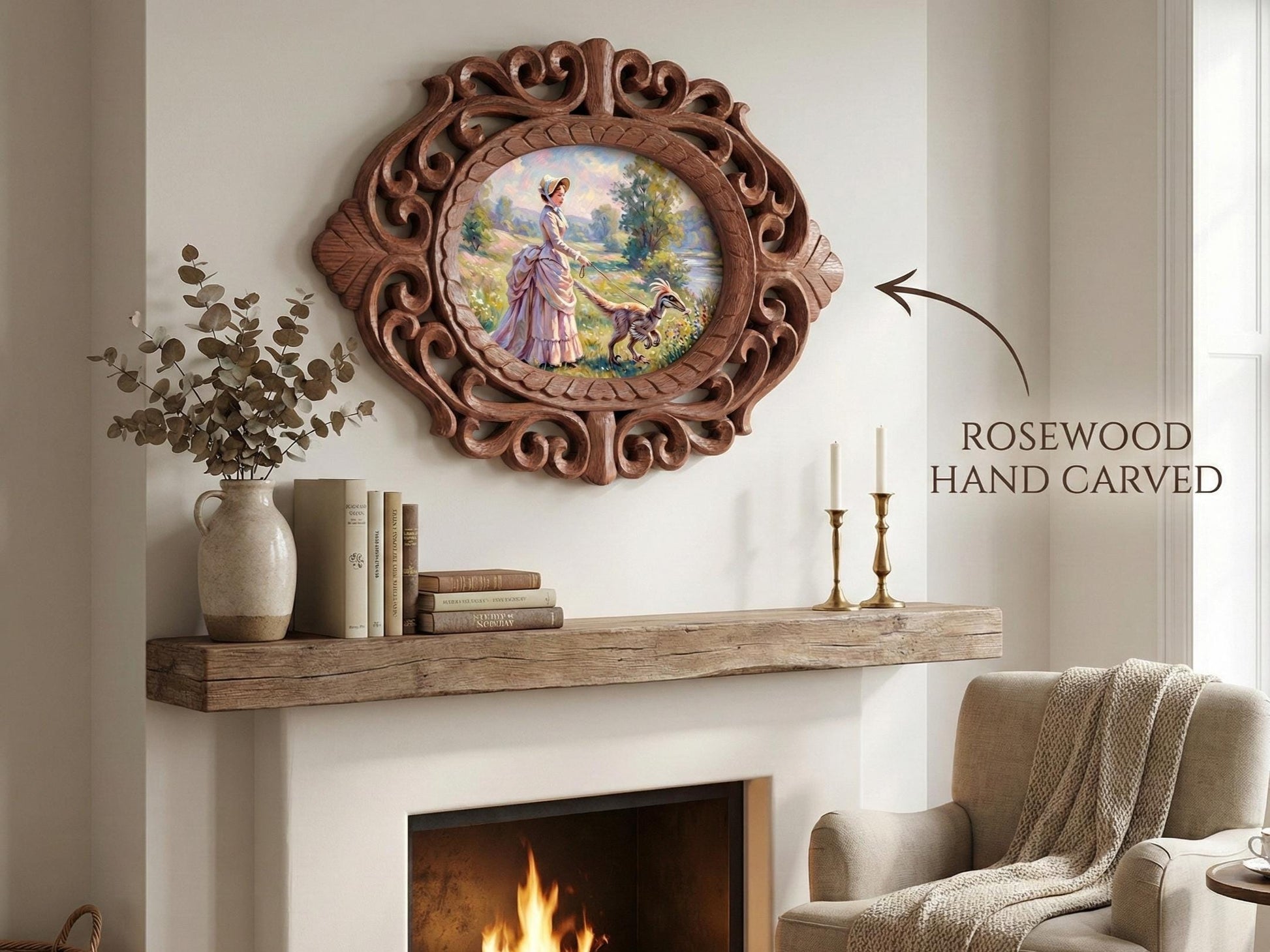 14" Rosewood Handcarved Frame Victorian Lady Walking Dinosaur Painting, Whimsical Maximalist Wall Art