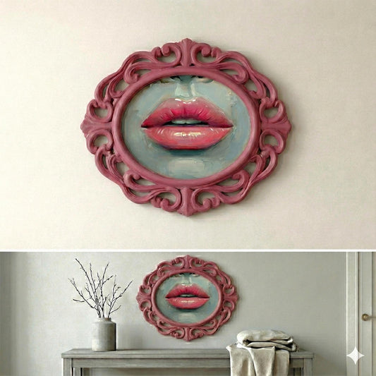 Handmade Surreal Lips Canvas Painting | Hand Carved Vintage Rosewood Frame