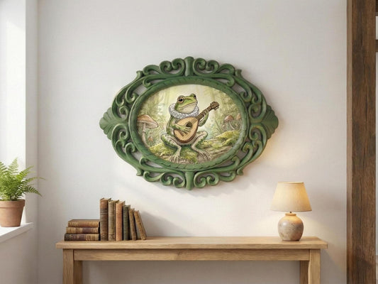Frog’s Banjo Whimsical Woodland Frog Playing Banjo, Beatrix Potter Style Nursery Wall Art, Cottagecore Forest Hand-Carved Rosewood Frame