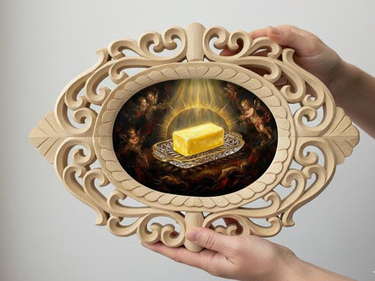 The Holy Butter Block Foodie Art Wall Decor, Rosewood Frame Hand Carved 14 inches