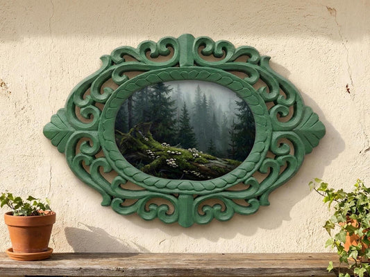 Misty Forest Log Art Print | Dark Academia Moss & Mushroom Decor | Ornate Oval Rosewood Frame 14 inches