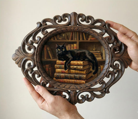 The Librarian's Cat Dark Academia Painting | Ornate Oval Hand-carved Rosewood Frame 14 inches