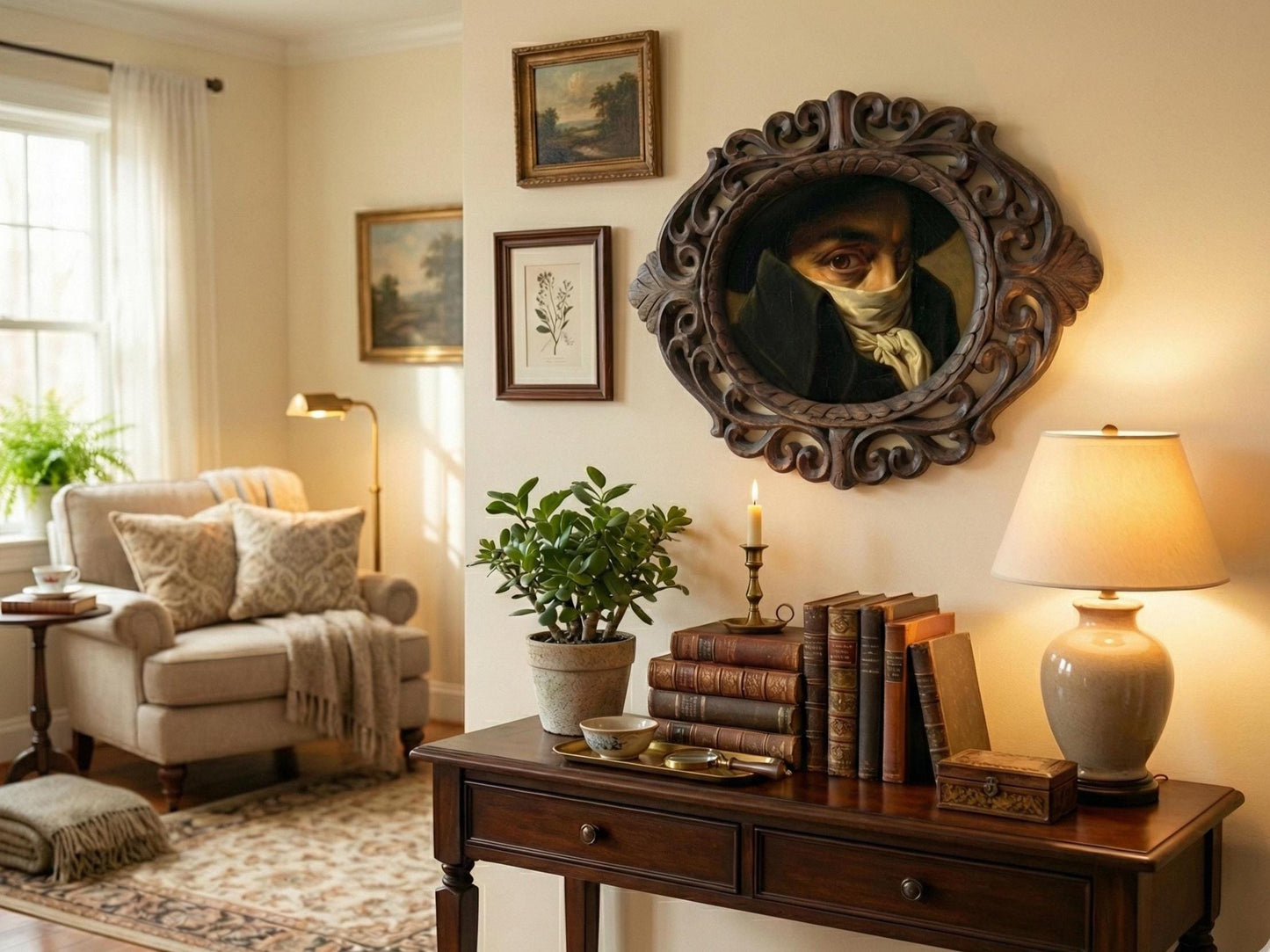 Contemplative Gentleman Neoclassical Mask Portrait | Ornate Oval Rosewood Frame 14 inches