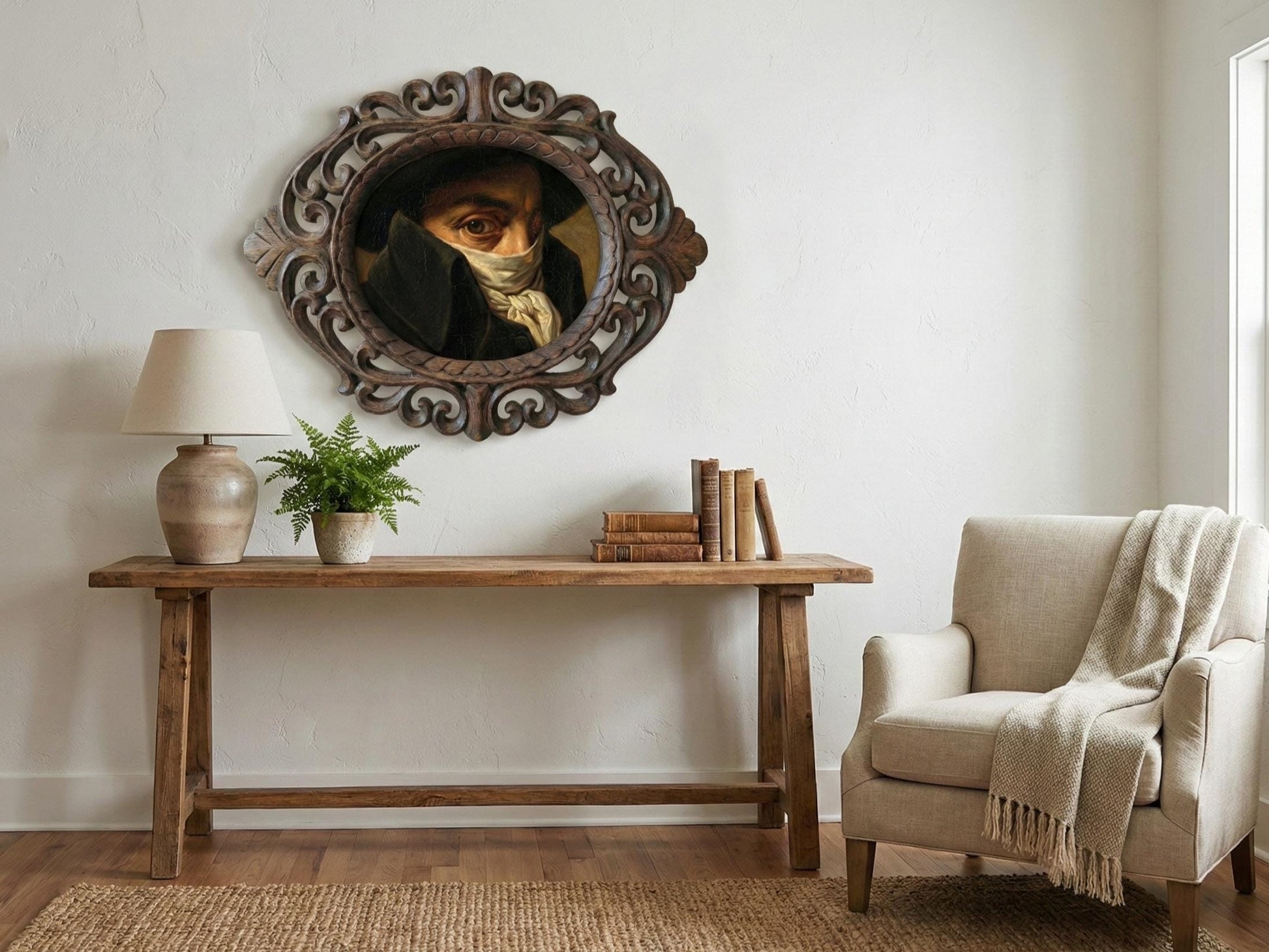Contemplative Gentleman Neoclassical Mask Portrait | Ornate Oval Rosewood Frame 14 inches
