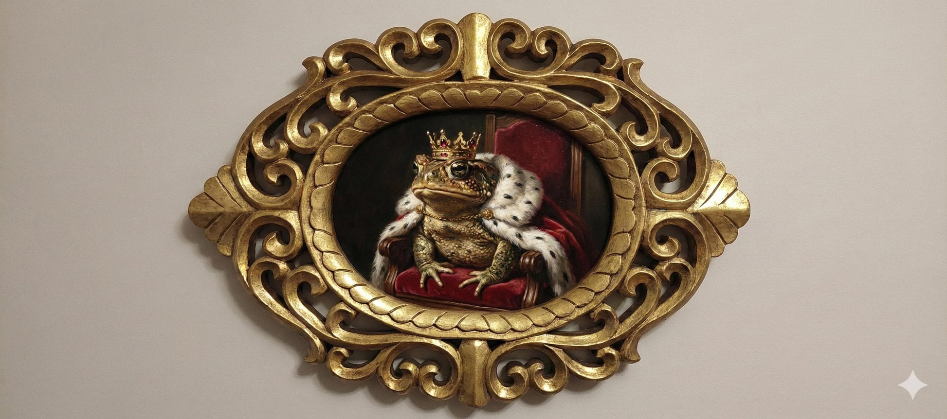 14" Golden Handcarved Rosewood Frame Royal Toad Wall Art, Majestic Frog King Painting, Renaissance Pet Portrait, Regal Animal Decor Gift