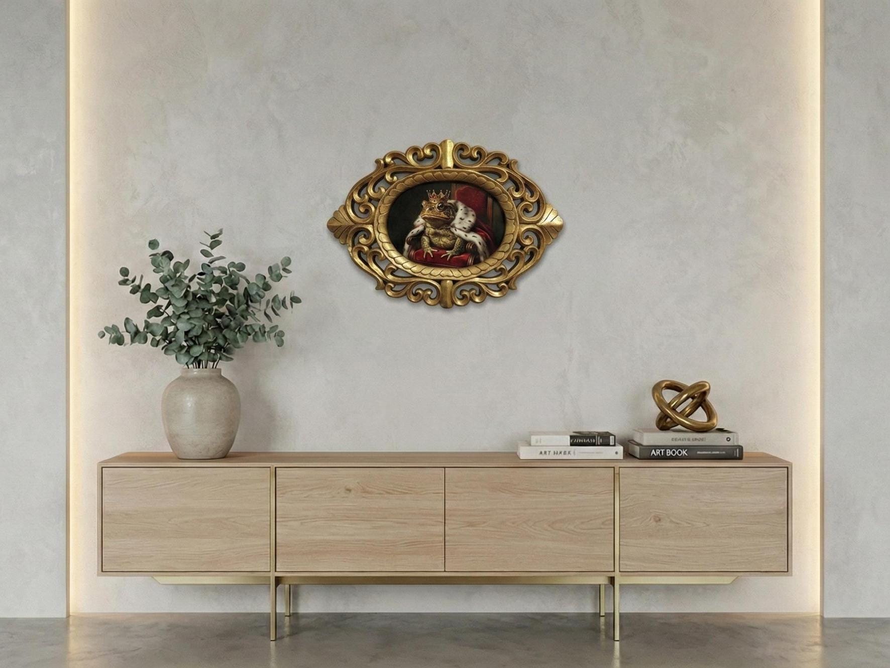 14" Golden Handcarved Rosewood Frame Royal Toad Wall Art, Majestic Frog King Painting, Renaissance Pet Portrait, Regal Animal Decor Gift