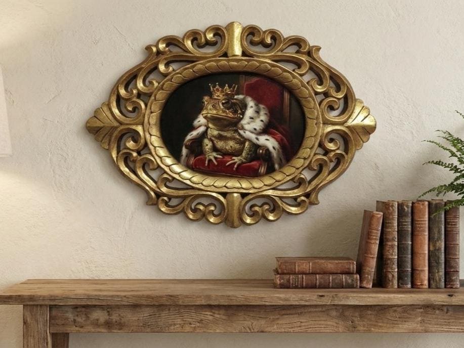 14" Golden Handcarved Rosewood Frame Royal Toad Wall Art, Majestic Frog King Painting, Renaissance Pet Portrait, Regal Animal Decor Gift