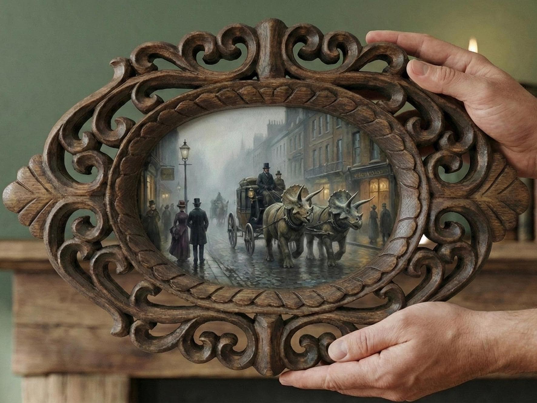 14" Rosewood Handcarved Frame London Triceratops carriage Painting, Whimsical Maximalist Wall Art