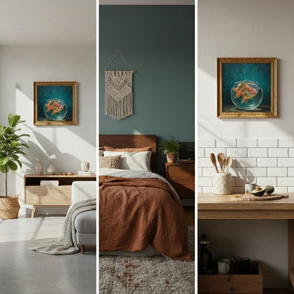 Goldfish in Bowl Canvas Print | Whimsical Fish Art | Ornate Gold Frame | Teal Ocean Blue Wall Decor | Coastal Home Artwork