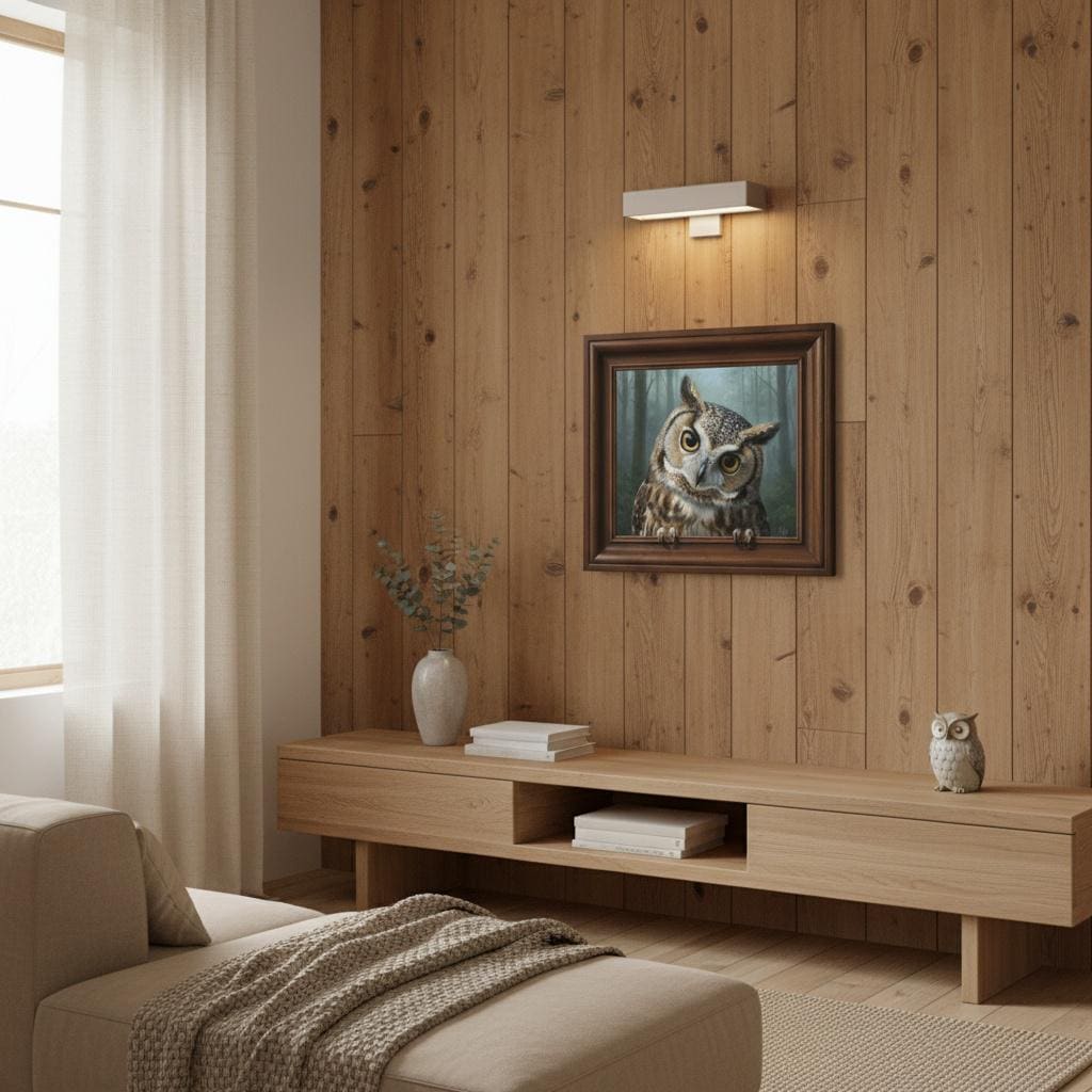 Curious Owl Painting 3D Optical Illusion Frame Art | Comes with Carved Wood Frame | Woodland Decor