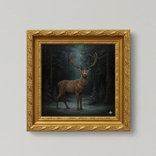 Gothic Deer Canvas Print Vintage Style | Dark Moody Stag Wall Art With Paisley Antler Design | Winter Forest Lodge Decor
