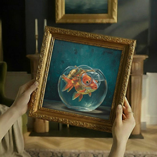 Goldfish in Bowl Canvas Print | Whimsical Fish Art | Ornate Gold Frame | Teal Ocean Blue Wall Decor | Coastal Home Artwork