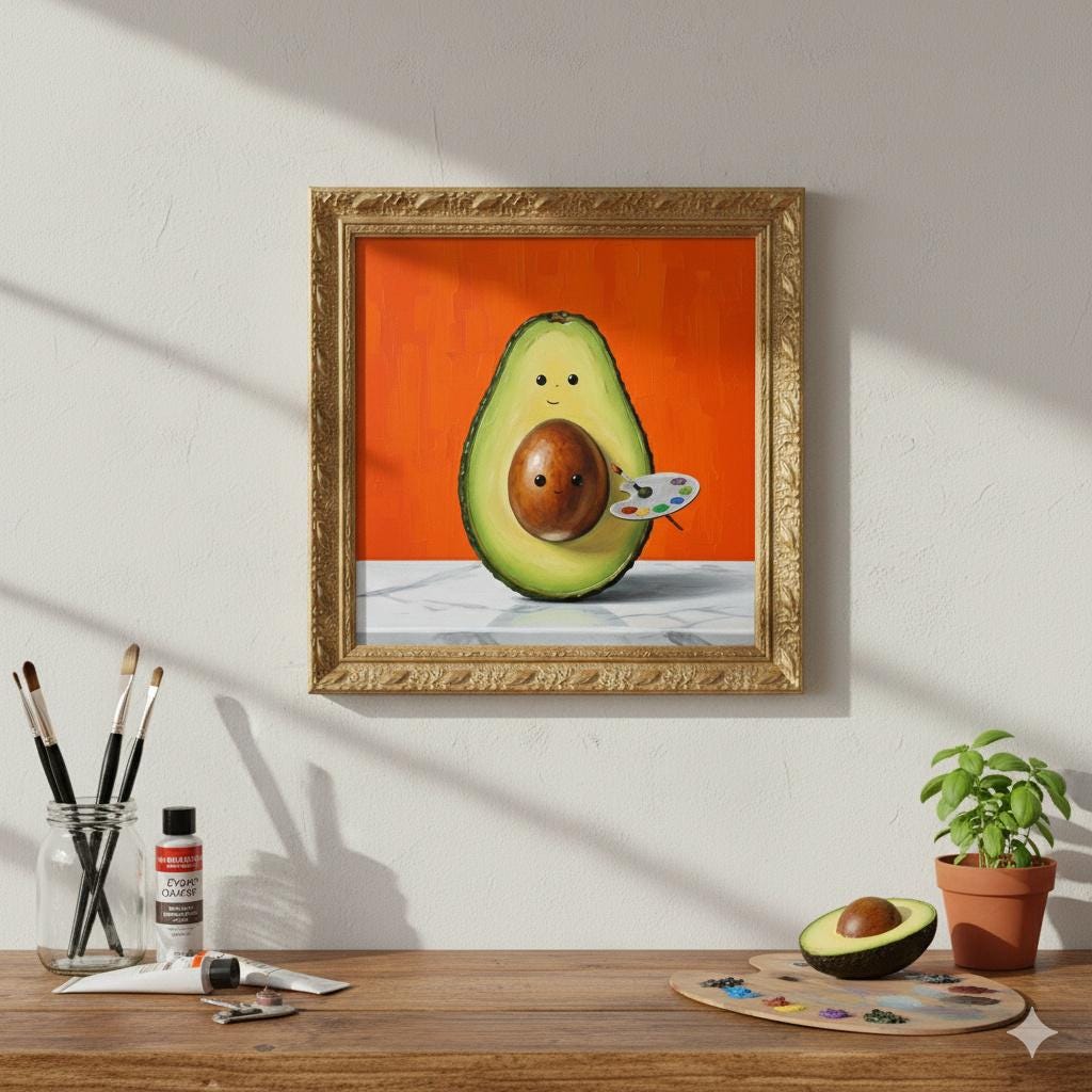 Avocado Artist Painting | Framed Canvas Art with Gold Frame | Whimsical Kitchen Wall Decor