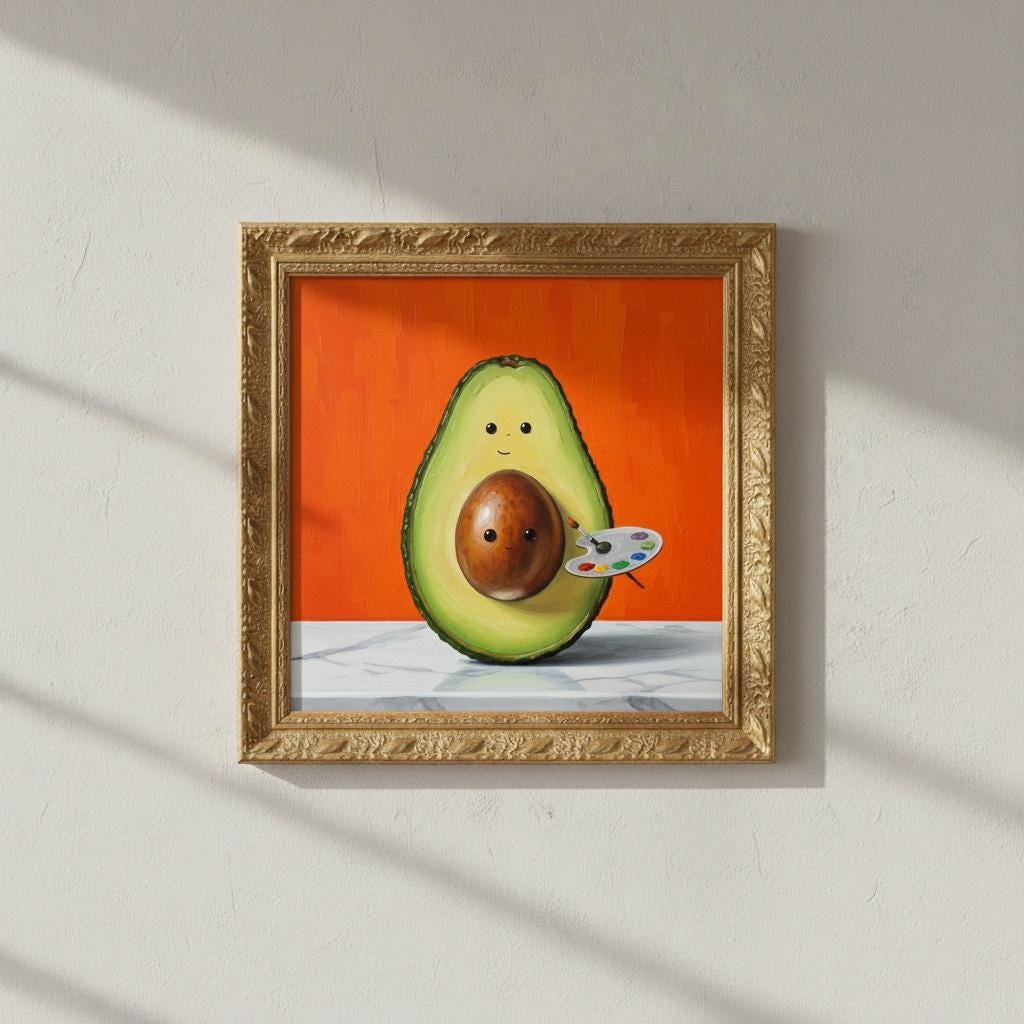 Avocado Artist Painting | Framed Canvas Art with Gold Frame | Whimsical Kitchen Wall Decor