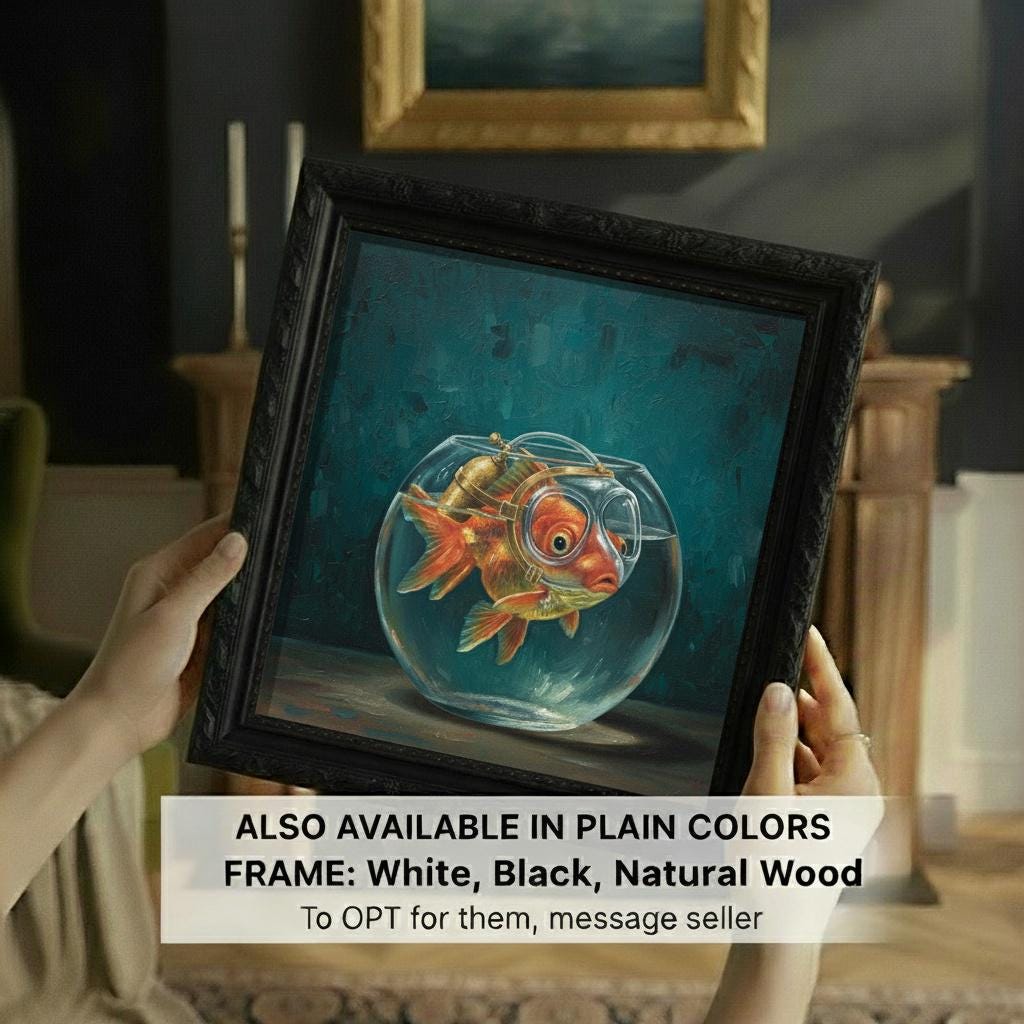 Goldfish in Bowl Canvas Print | Whimsical Fish Art | Ornate Gold Frame | Teal Ocean Blue Wall Decor | Coastal Home Artwork