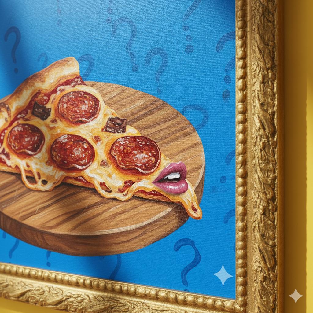 The Philosophizing Pizza | Hyper-Quirky Pop Art Mixed-Media Canvas | Glossy Pepperoni Painting with Comic Blue