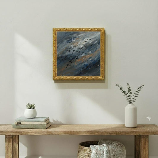 Expressive Minimalist Abstract Birds Painting | Gold Frame | Dramatic Sky Art | Modern Wall Decor