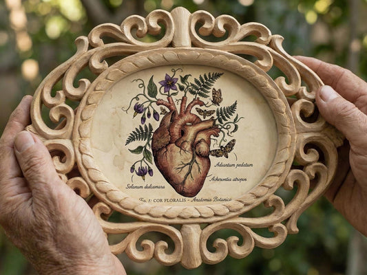 Anatomical Floral Heart Art – Vintage Illustration in Hand-Carved Rosewood Frame