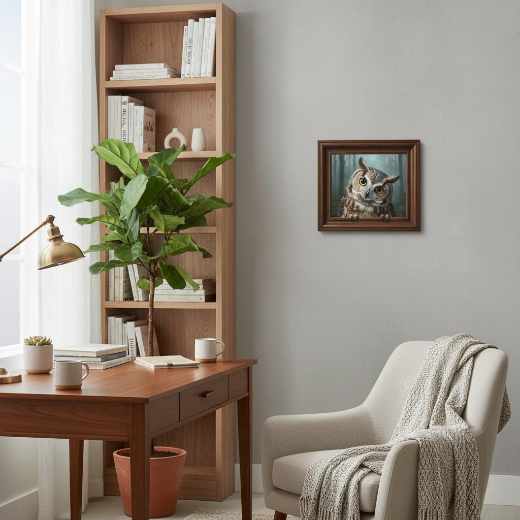 Curious Owl Painting 3D Optical Illusion Frame Art | Comes with Carved Wood Frame | Woodland Decor