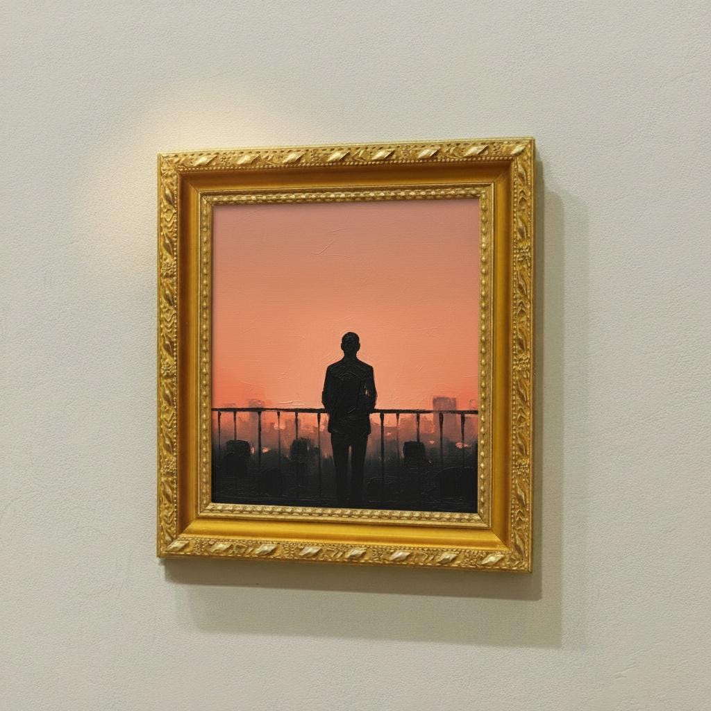 Minimalist Sunset Silhouette Painting | Contemporary Balcony Scene | Apricot & Pink Canvas Art | Modern Wall Decor