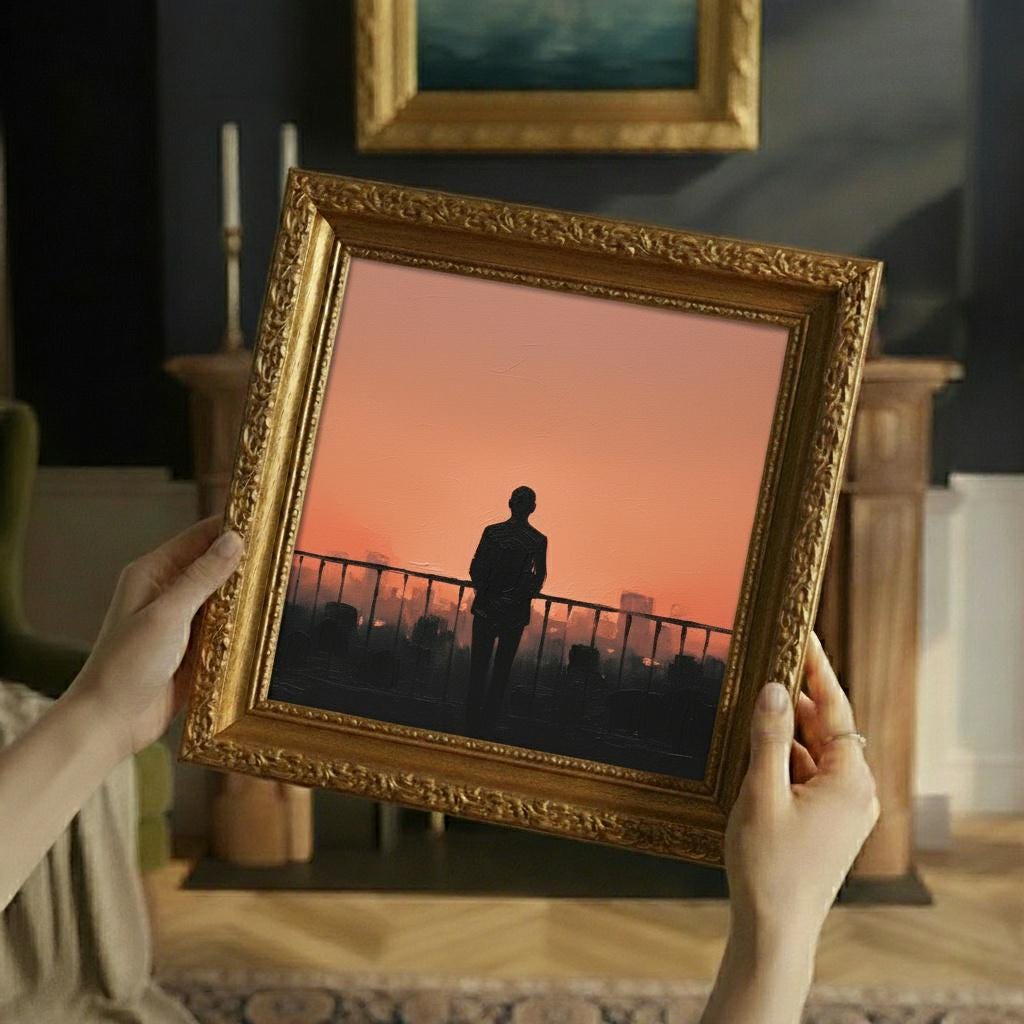 Minimalist Sunset Silhouette Painting | Contemporary Balcony Scene | Apricot & Pink Canvas Art | Modern Wall Decor