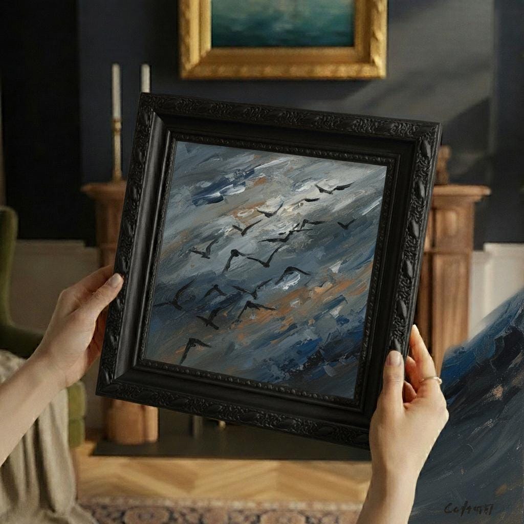 Expressive Minimalist Abstract Birds Painting | Gold Frame | Dramatic Sky Art | Modern Wall Decor