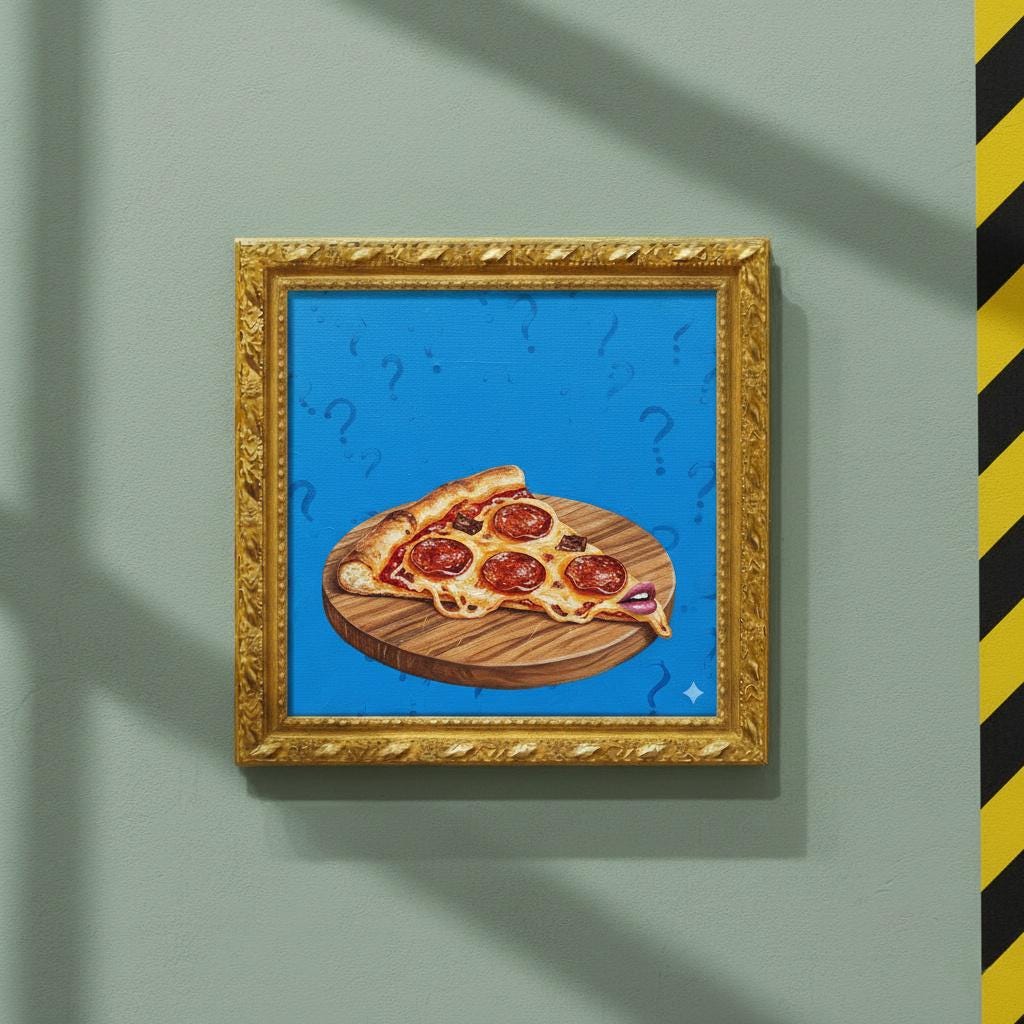 The Philosophizing Pizza | Hyper-Quirky Pop Art Mixed-Media Canvas | Glossy Pepperoni Painting with Comic Blue
