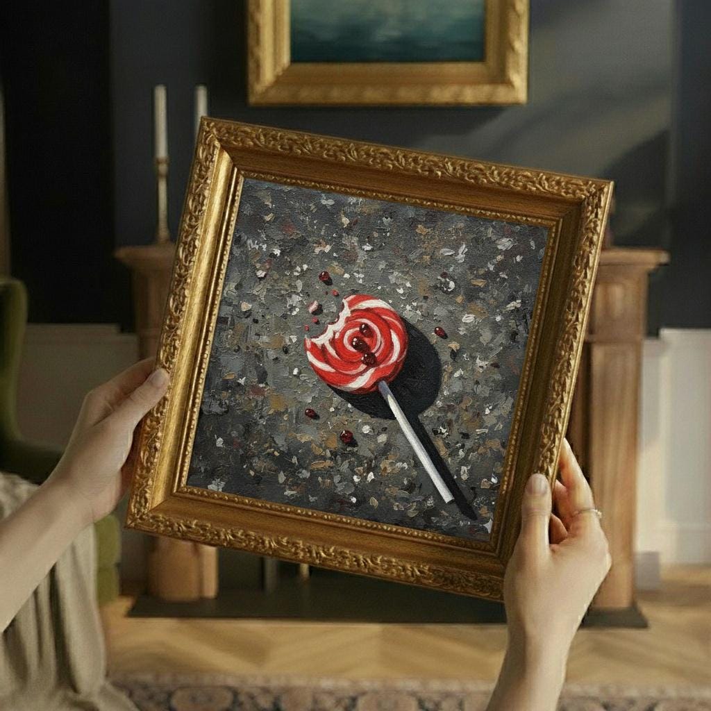 nNaïve Oil Painting – Half-Eaten Cherry Swirl Lollipop on Asphalt | Small Canvas Art | Forgotten Candy Scene