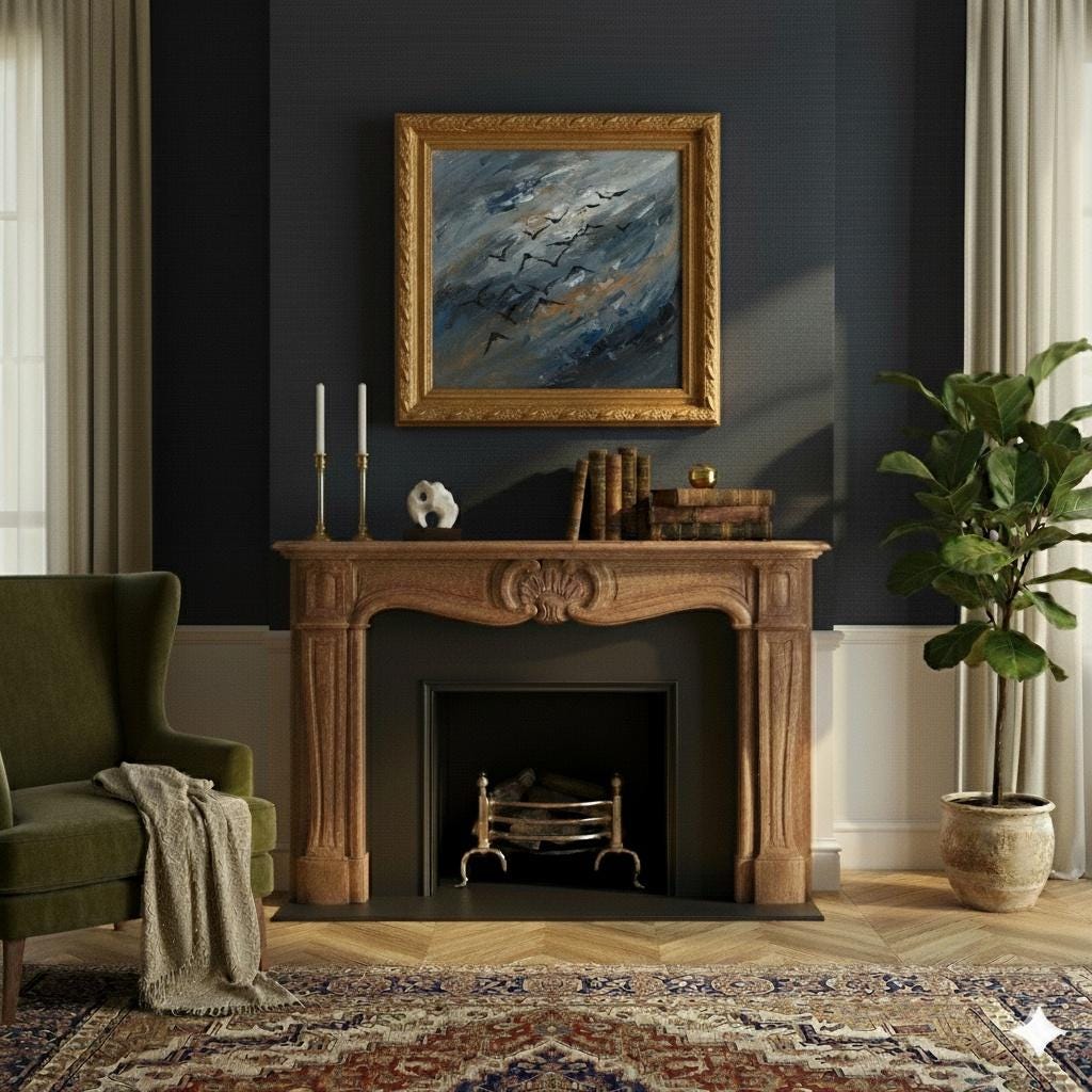 Expressive Minimalist Abstract Birds Painting | Gold Frame | Dramatic Sky Art | Modern Wall Decor