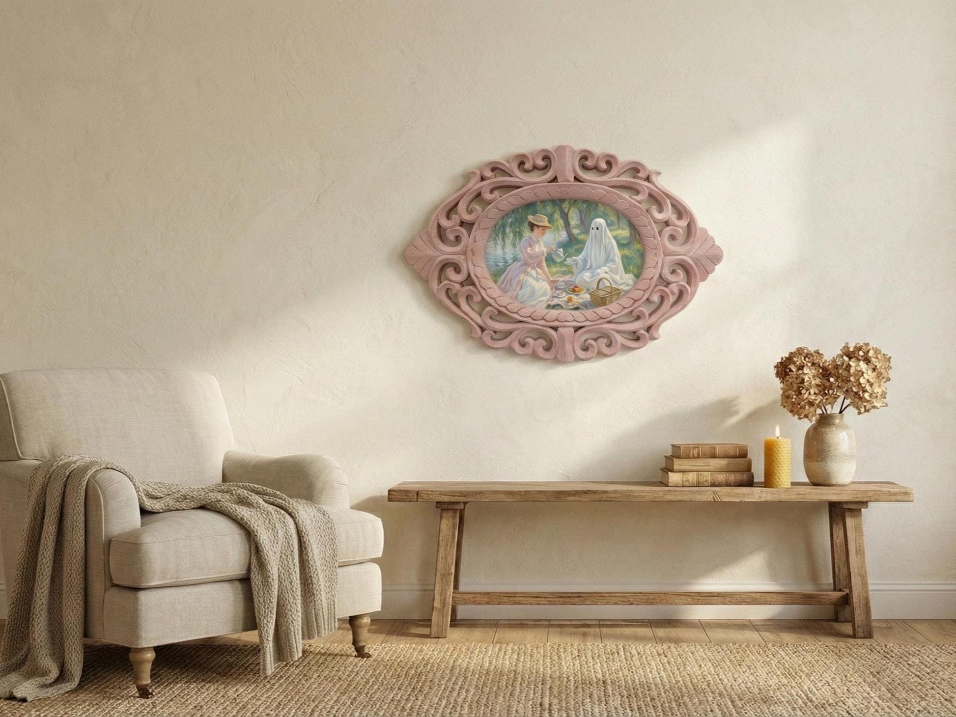 Oval Rosewood Frame Handcarved 14' Picnic Specter, Impressionist Ghost Tea Party, Monet Style Painting, Whimsical Wall Art, Mystical Decor
