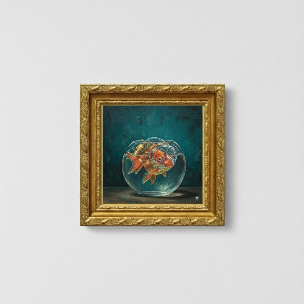 Goldfish in Bowl Canvas Print | Whimsical Fish Art | Ornate Gold Frame | Teal Ocean Blue Wall Decor | Coastal Home Artwork