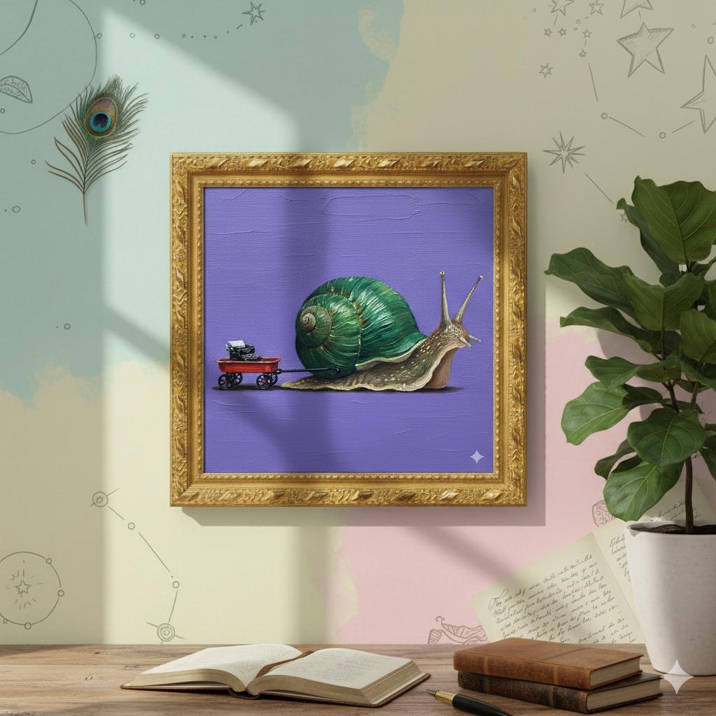 Hyper-Quirky Pop Art Snail | Calm Garden Snail with Red Wagon & Typewriter | Iridescent Green Shell on Lavender Canvas