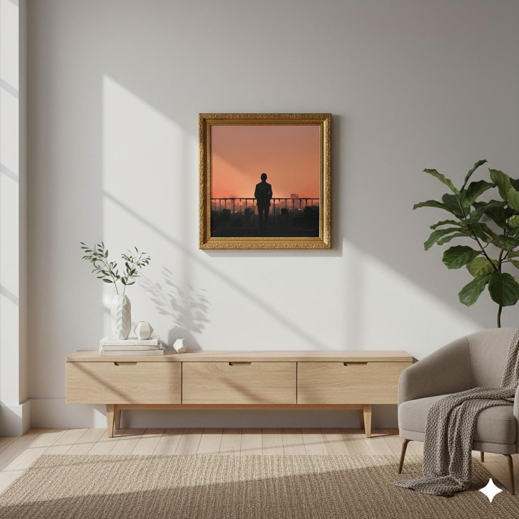 Minimalist Sunset Silhouette Painting | Contemporary Balcony Scene | Apricot & Pink Canvas Art | Modern Wall Decor