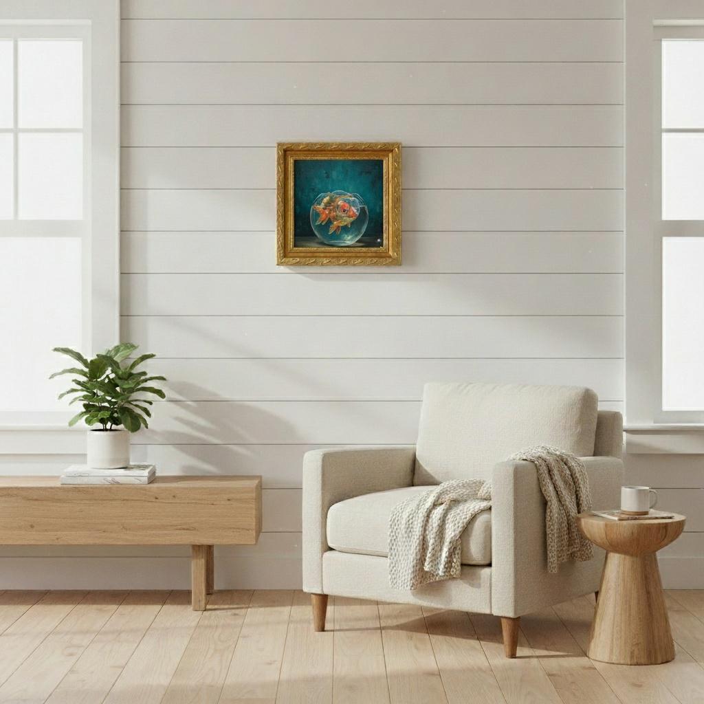 Goldfish in Bowl Canvas Print | Whimsical Fish Art | Ornate Gold Frame | Teal Ocean Blue Wall Decor | Coastal Home Artwork